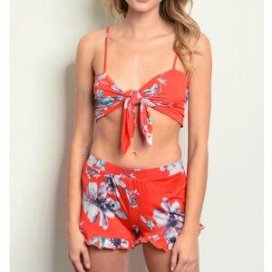 Summer Crop Top & Shorts Set Red Floral Size S M or L